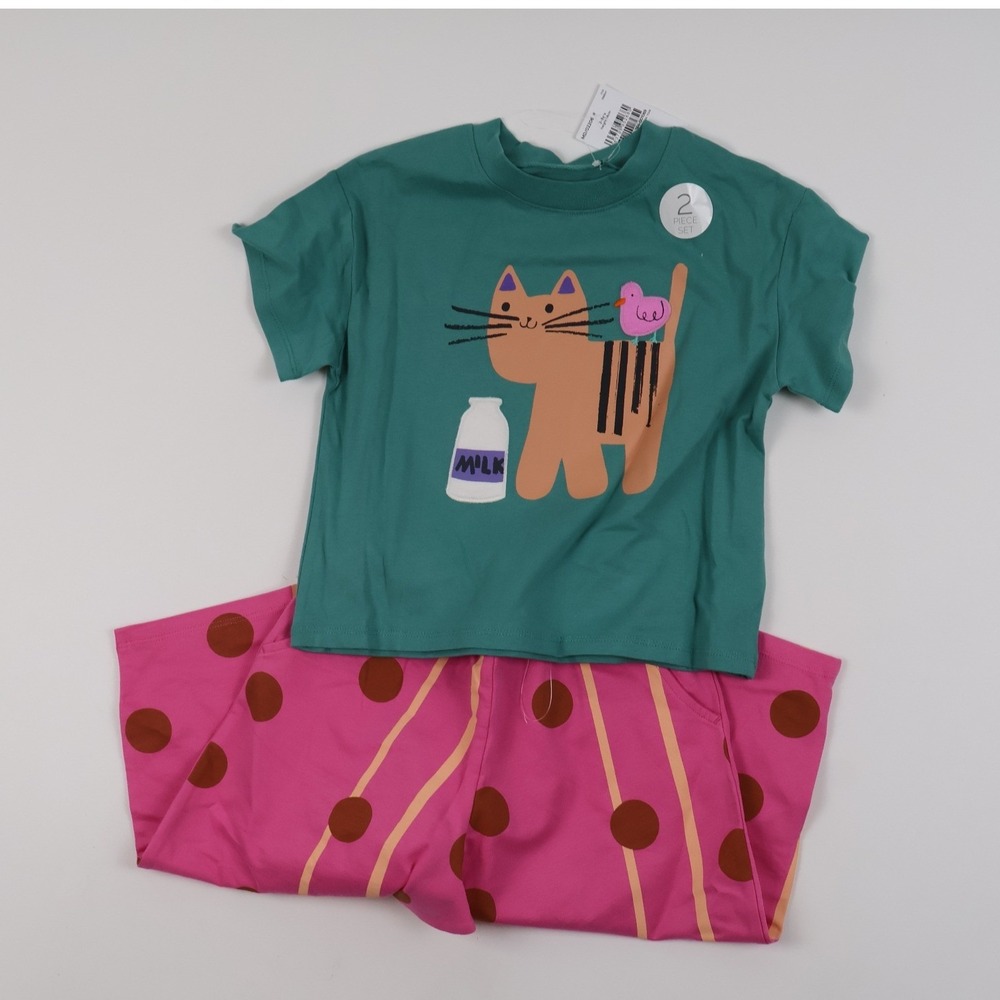 Next 2 Piece Set Cat Graphic Tee and Polka Dot Pants Green Pink 2-3Y NWT